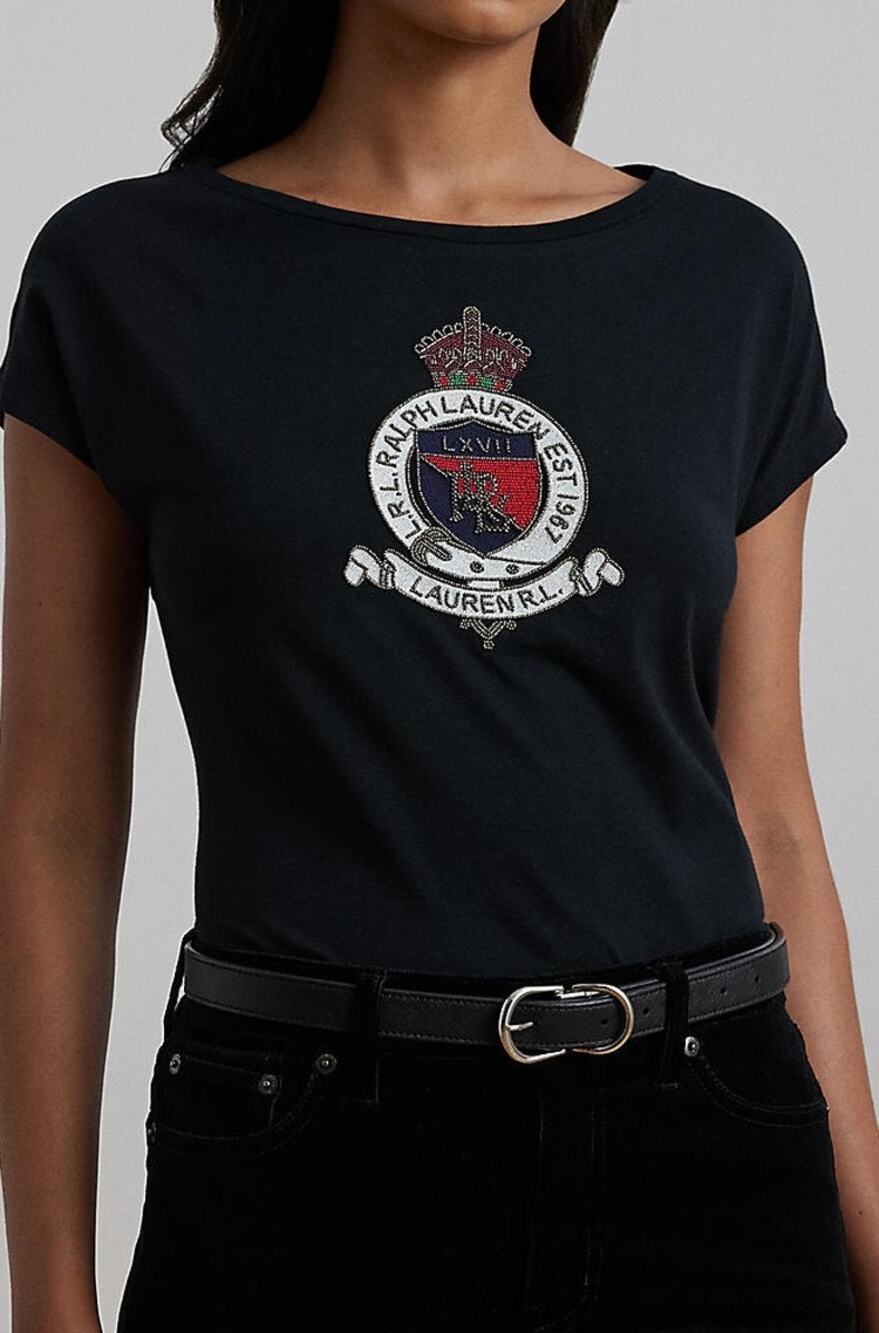 LAUREN RALPH LAUREN Women's Beaded LRL Crest Cotton Jersey Black Tee Size L